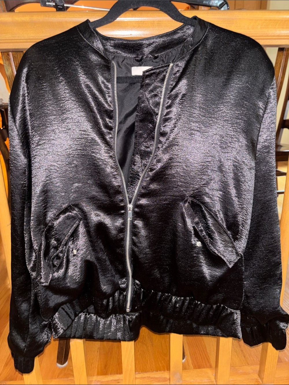 H&M Black Satin Bomber Jacket with Front Zip